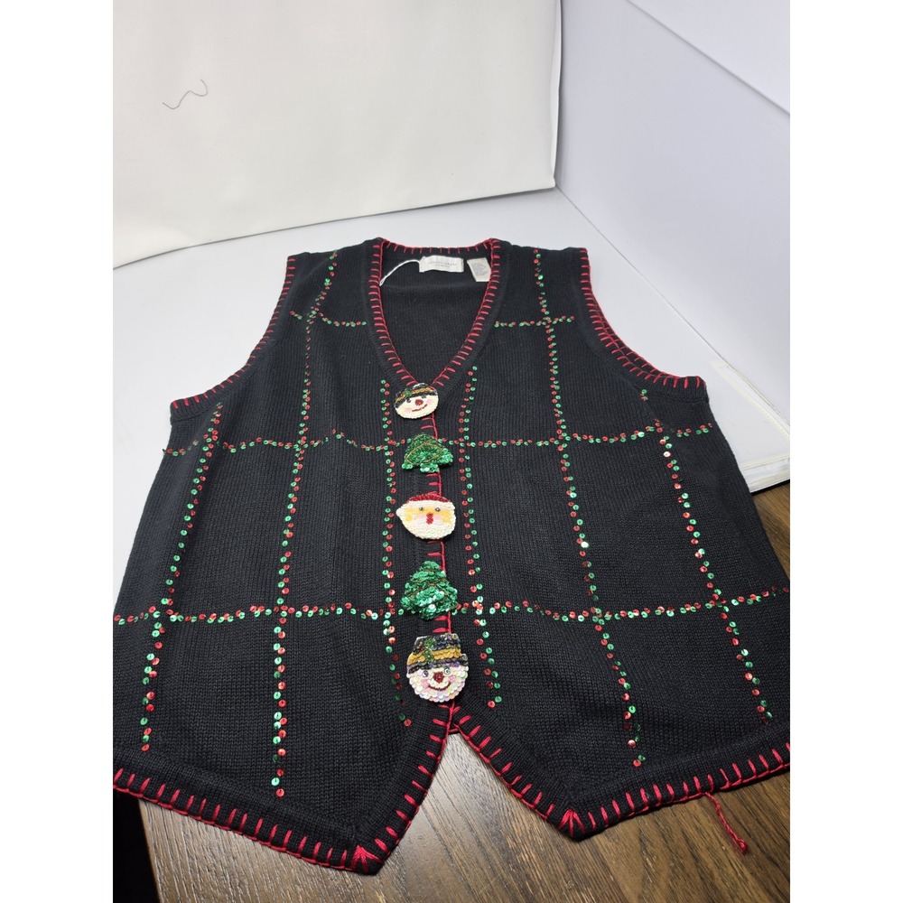 Lemon Grass Women's 1X Sweater Vest V-Neck Black Christmas Plaid Sequin Buttons